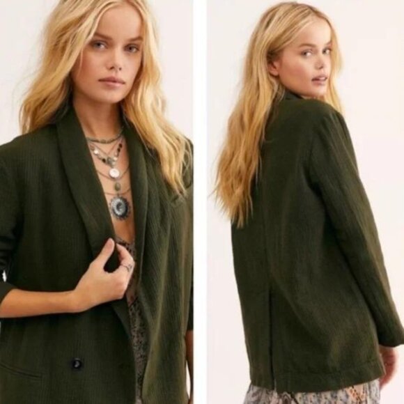 Free People Rowan Blazer Gauzy Cotton Army Green  17707 - Picture 5 of 12